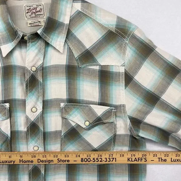 LUCKY BRAND Shirt Mens M Plaid Pearl Snap Front Western Double Layer Cotton Gray - Picture 13 of 15